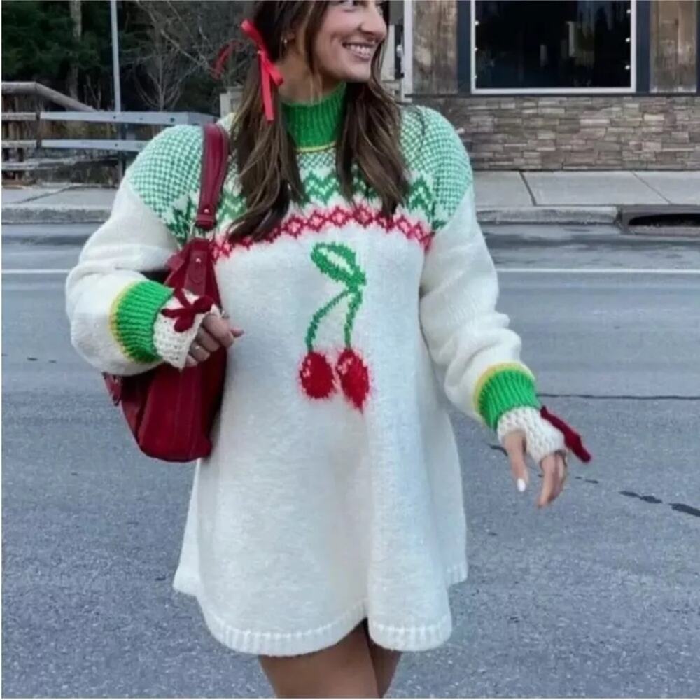 Free People Cherry Fair Aisle Green Red Sweater Dress Knit Ivory Combo NWT Small